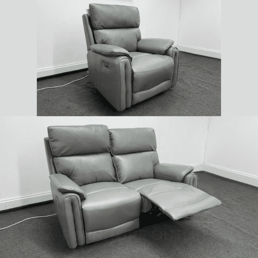 Clearance Deal! - Supreme Electric Power Recliner Grey Leather 2 Seater Sofa + Armchair Set