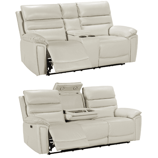 Donald Ivory Cream Leather Electric / Power Reclining Sofa Range Suite Set With USB Charging Ports & Drop Down Tray Table