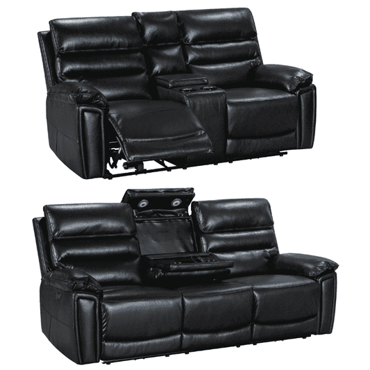 Donald Black Leather Electric / Power Reclining Sofa Range Suite Set With USB Charging Ports & Drop Down Tray Table