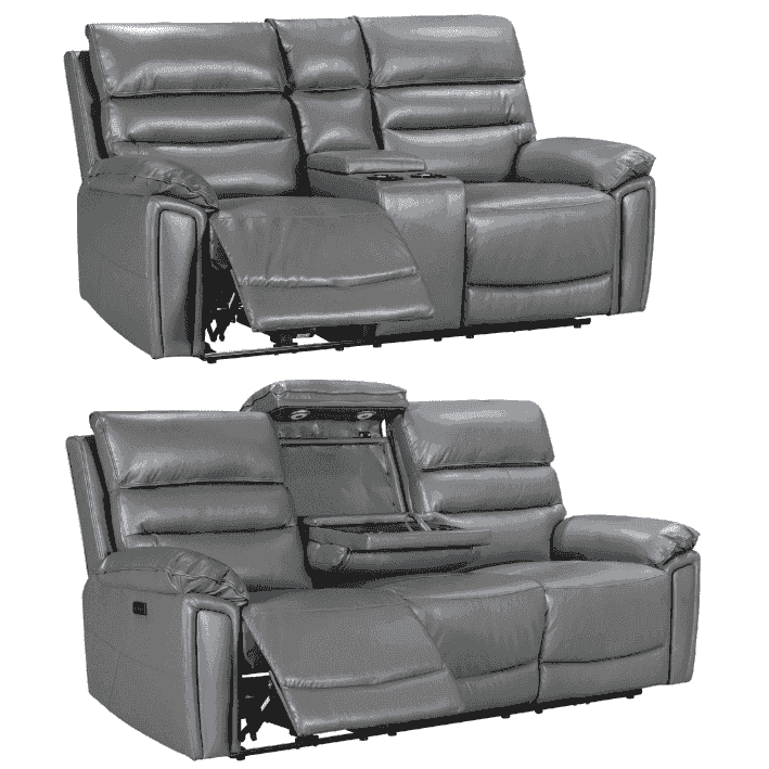Donald Grey Leather Electric / Power Reclining 3 Seater + 2 Seater Sofa Suite Set With Drinks Coolers USB Charging Ports & Drop Down Tray Table