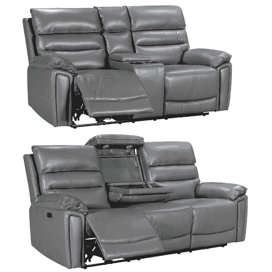 Donald Grey Leather Electric / Power Reclining Sofa Range Suite Set With Drinks Coolers USB Charging Ports & Drop Down Tray Table