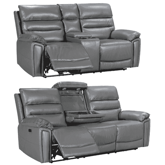 Donald Grey Leather Electric / Power Reclining Sofa Range Suite Set With Drinks Coolers USB Charging Ports & Drop Down Tray Table
