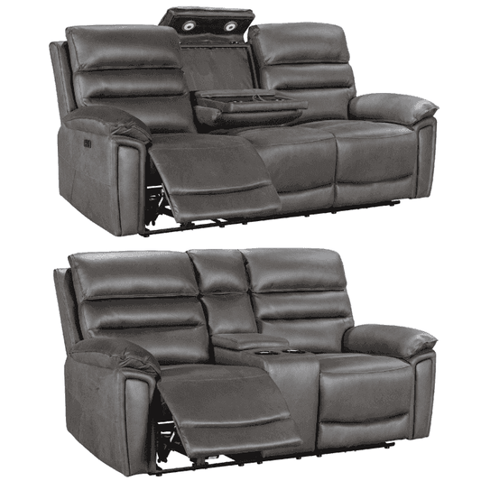 Donald Grey Suede Fabric Electric / Power Reclining Sofa Range Suite Set With USB Charging Ports & Drop Down Tray Table