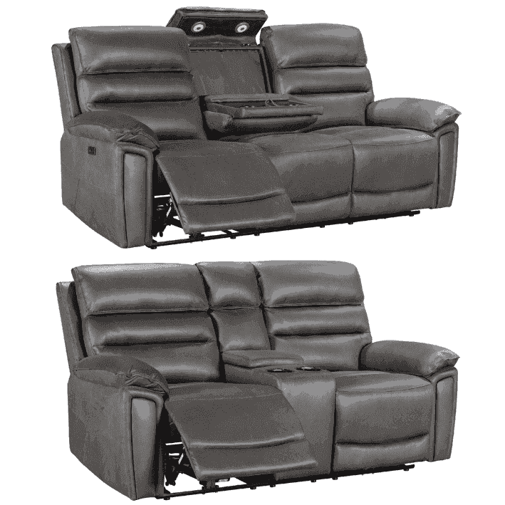 Calisese Grey Easy Clean Fabric Electric Reclining 3 Seater + 2 Seater Sofa Set With USB Charging Ports, Drop Down Tray Table & Drinks Cooling Cupholders