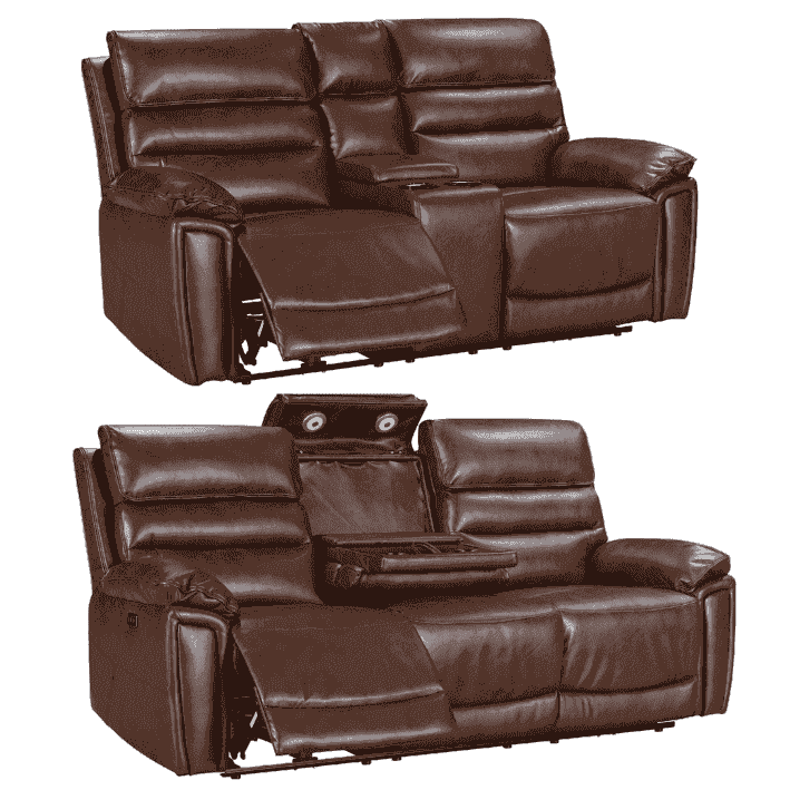 Donald Brown Leather Electric / Power Reclining 3 Seater + 2 Seater Sofa Set With USB Charging Ports & Drop Down Tray Table