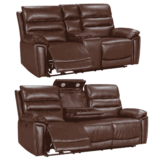 Donald Brown Leather Electric / Power Reclining 3 Seater + 2 Seater Sofa Set With USB Charging Ports & Drop Down Tray Table