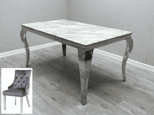 This Whole Dining Set - SFIA Grey Marble Top 180cm Dining Table + 4 or 6 Fabric Quilted Grey Chairs
