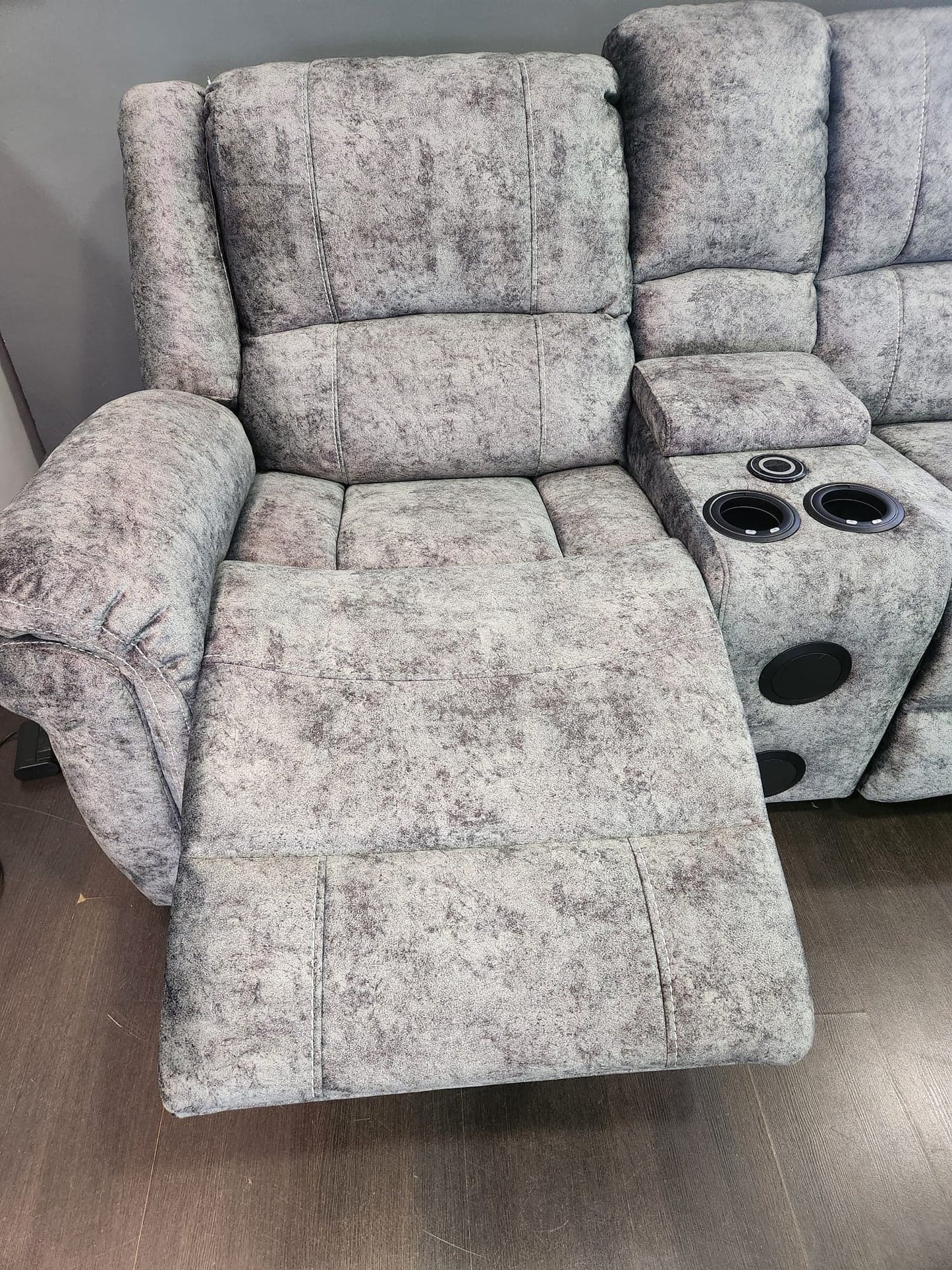 GALAXY Grey Plush Velvet Fabric Electric Reclining 2C2C Corner Sofa | Cooling Cupholders & USB Ports