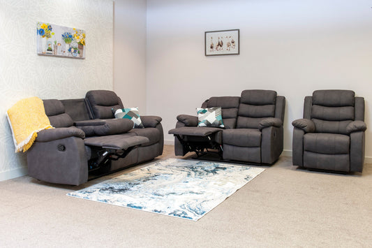 (Back in stock Nov 10th) Willow Dark Grey Easy Clean Fabric With Electric 2 Stage Reclining Feature Sofa Range With USB Charging Ports | Couch |