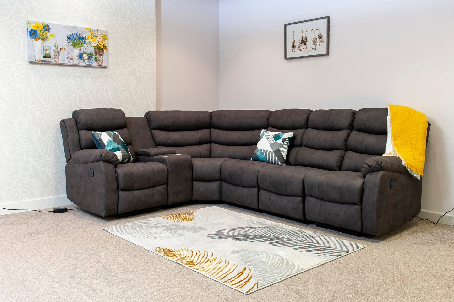 "Willow" Dark Grey Easy Clean Fabric 2C2 Recliner Modular Corner Sofa + Storage Console | Couch |
