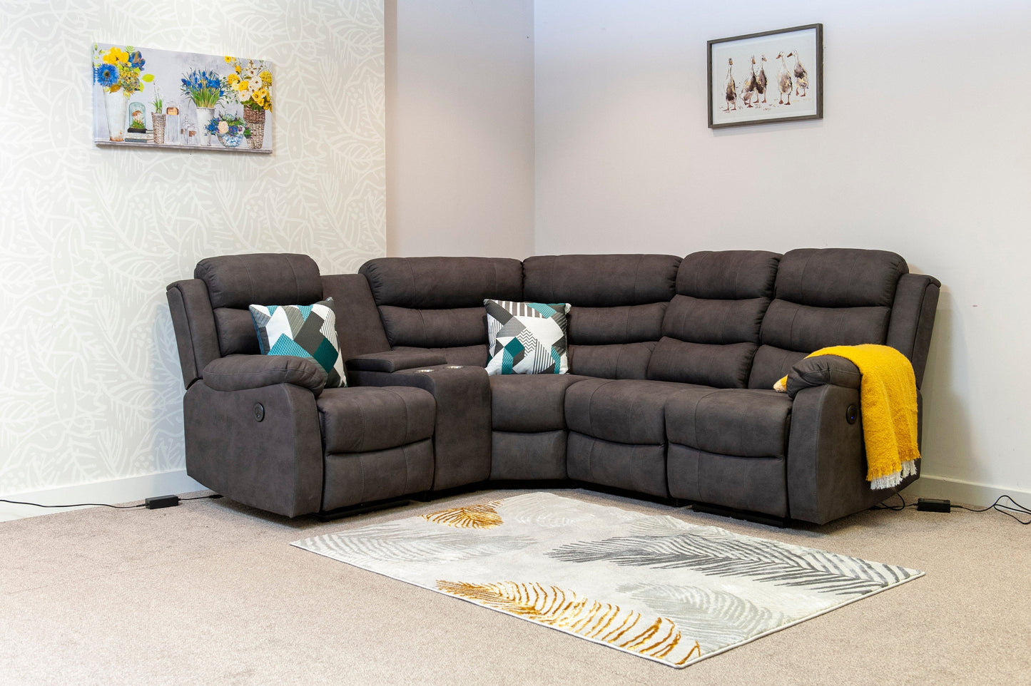 "Willow" Dark Grey Easy Clean Fabric ELECTRIC Recliner Modular Corner Sofa USB Ports | Drinks Tray Table | Couch |