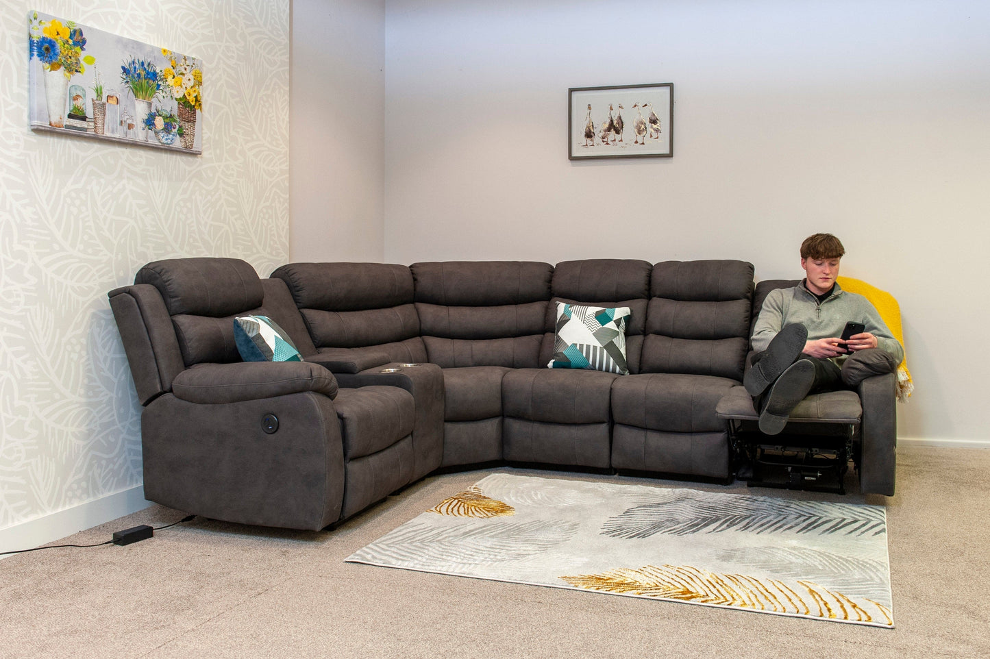 "Willow" Dark Grey Easy Clean Fabric 2C2 Recliner Modular Corner Sofa + Storage Console | Couch |