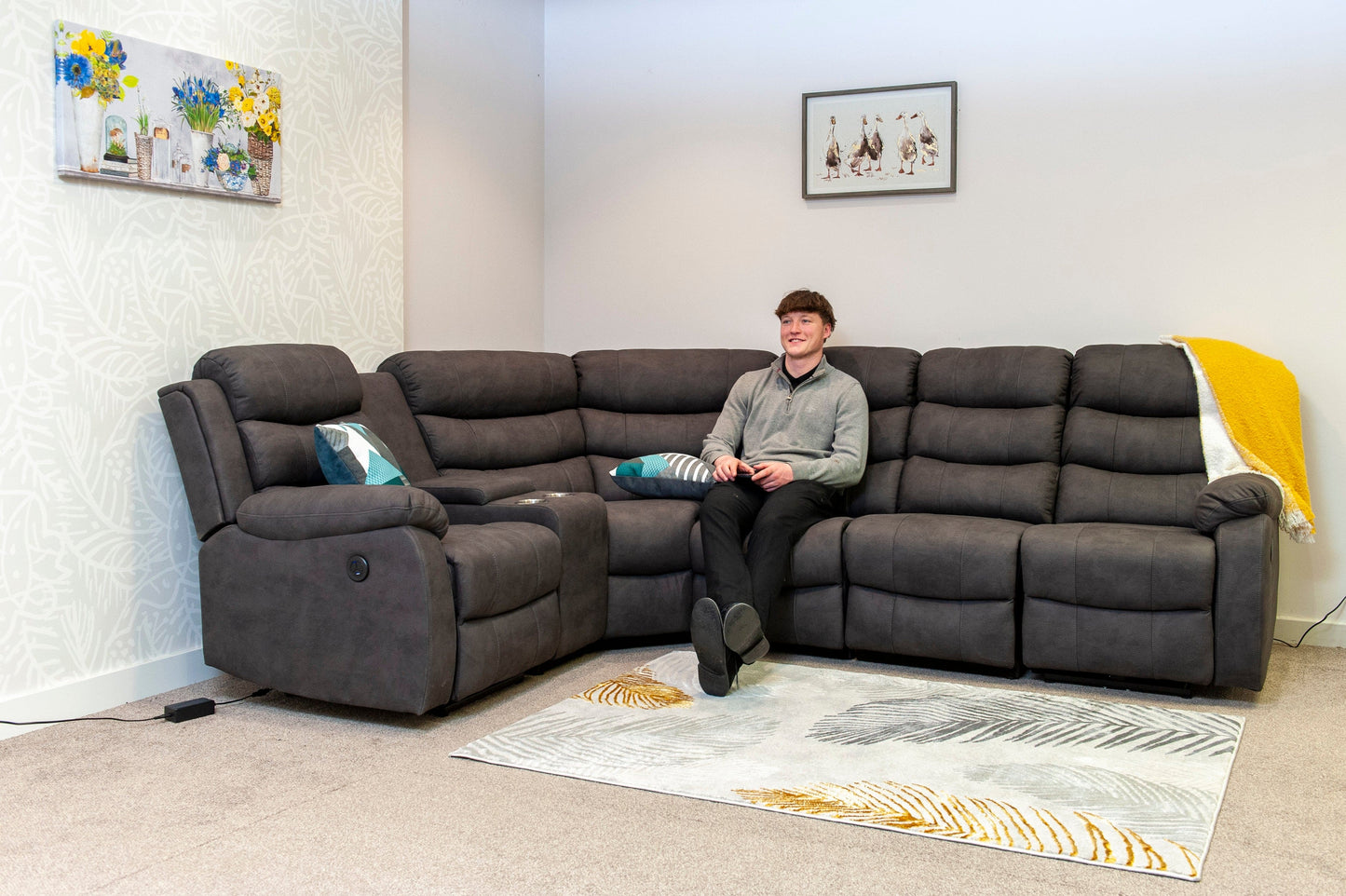 "Willow" Dark Grey Easy Clean Fabric ELECTRIC Recliner Modular Corner Sofa USB Ports | Drinks Tray Table | Couch |