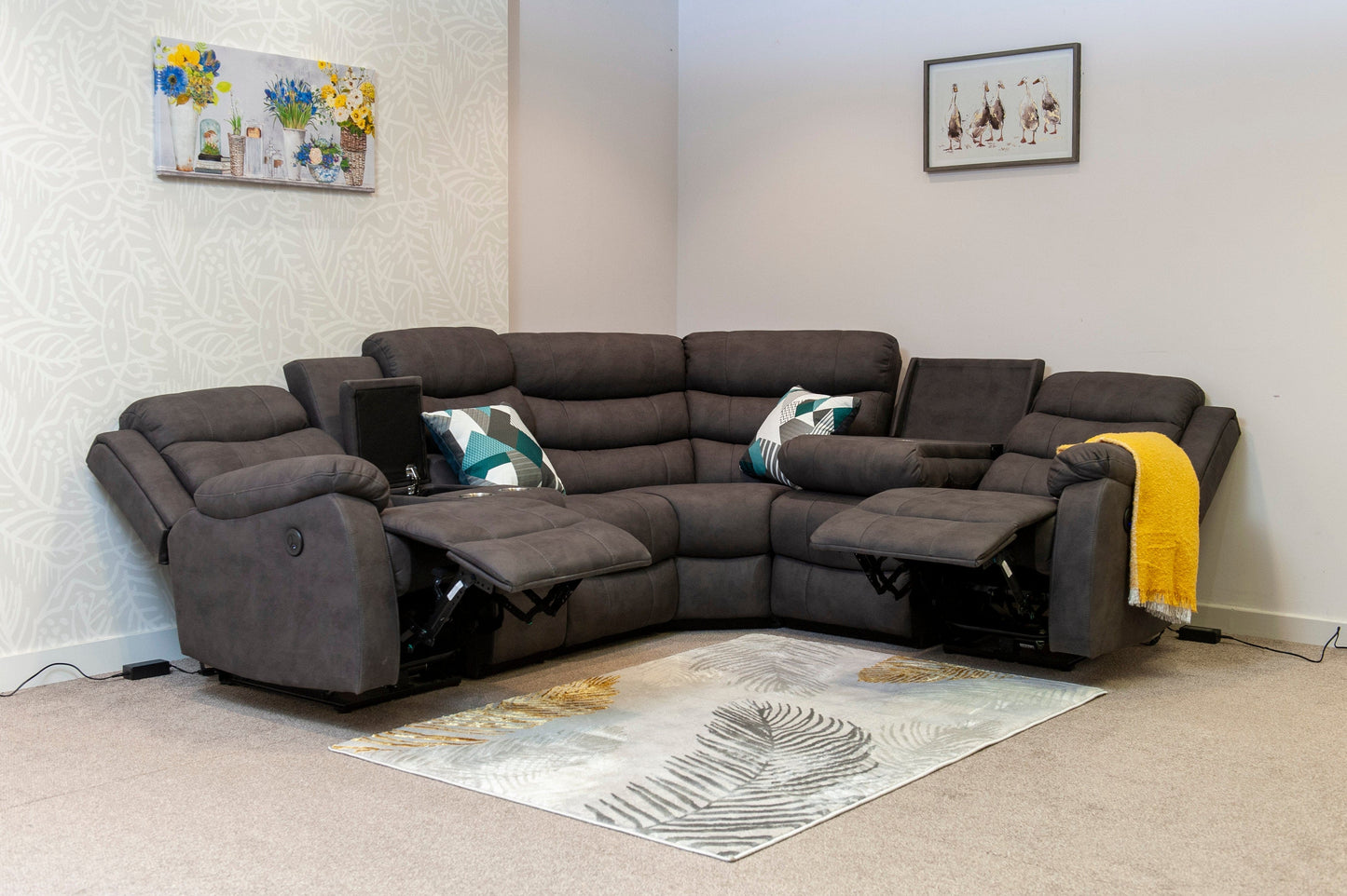 "Willow" Dark Grey Easy Clean Fabric 2C2 Recliner Modular Corner Sofa + Storage Console | Couch |