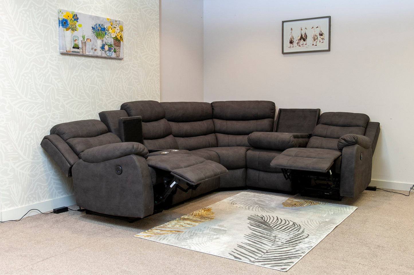 "Willow" Dark Grey Easy Clean Fabric ELECTRIC Recliner Modular Corner Sofa USB Ports | Drinks Tray Table | Couch |