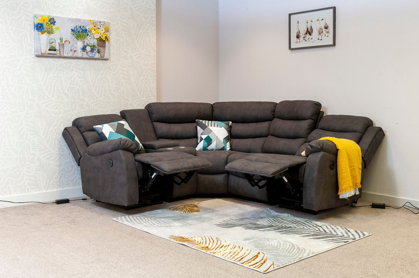 "Willow" Dark Grey Easy Clean Fabric ELECTRIC Recliner Modular Corner Sofa USB Ports | Drinks Tray Table | Couch |