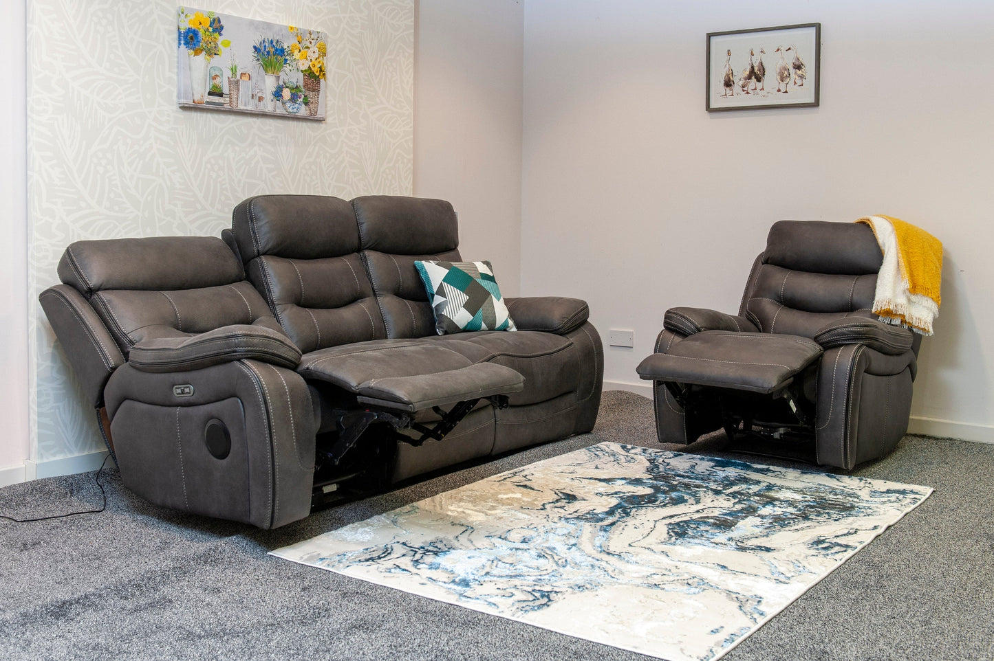 Cinema Sofa | Adjustable Power Headrests | Bluetooth Speakers | Vinson Express Smart Tech Fabric Power Recliner 3 Seater Sofa & 2 Armchairs Tech Fabric Sofa Set | Couch |