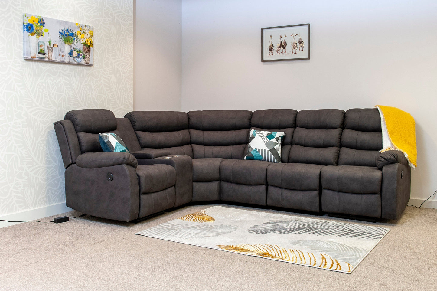 "Willow" Dark Grey Easy Clean Fabric ELECTRIC Recliner Modular Corner Sofa USB Ports | Drinks Tray Table | Couch |