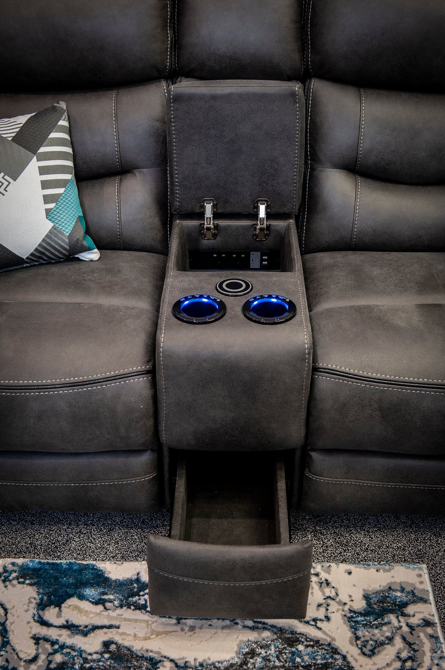 Cinema Sofa | Power Headrests | Drinks Coolers | Wireless Charging | Bluetooth Speakers | Express Smart Tech Grey Fabric Power Recliner 3 + 2 Seater Sofa Set | Couch |