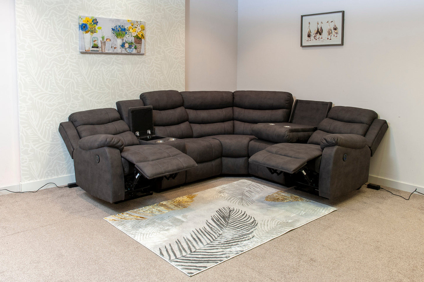 "Willow" Dark Grey Easy Clean Fabric 2C2 Recliner Modular Corner Sofa + Storage Console | Couch |