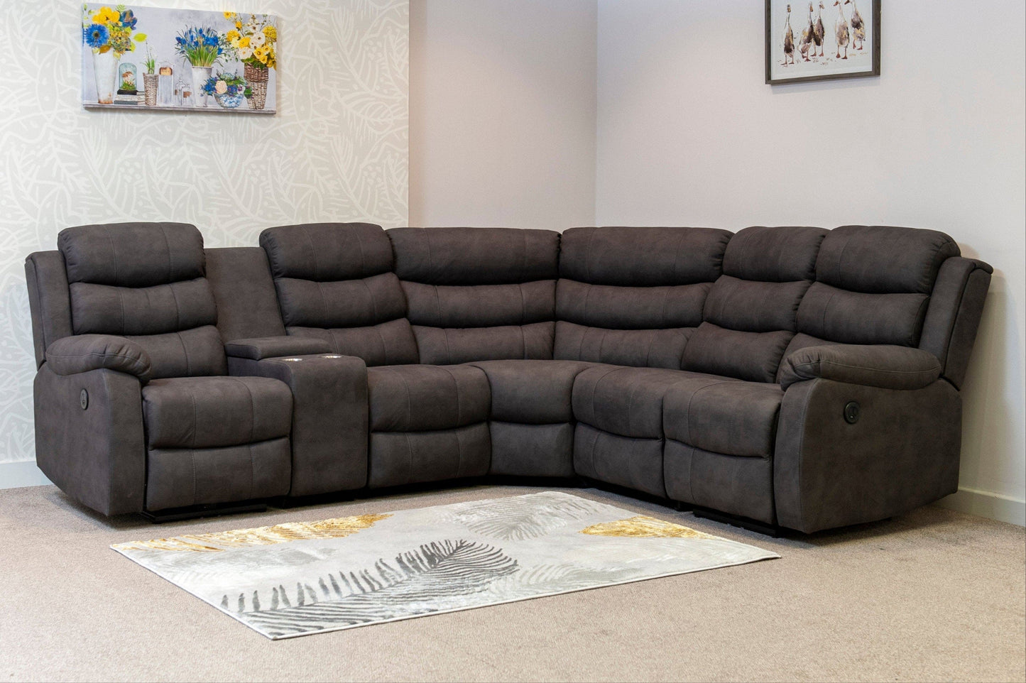 "Willow" Dark Grey Easy Clean Fabric ELECTRIC Recliner Modular Corner Sofa USB Ports | Drinks Tray Table | Couch |