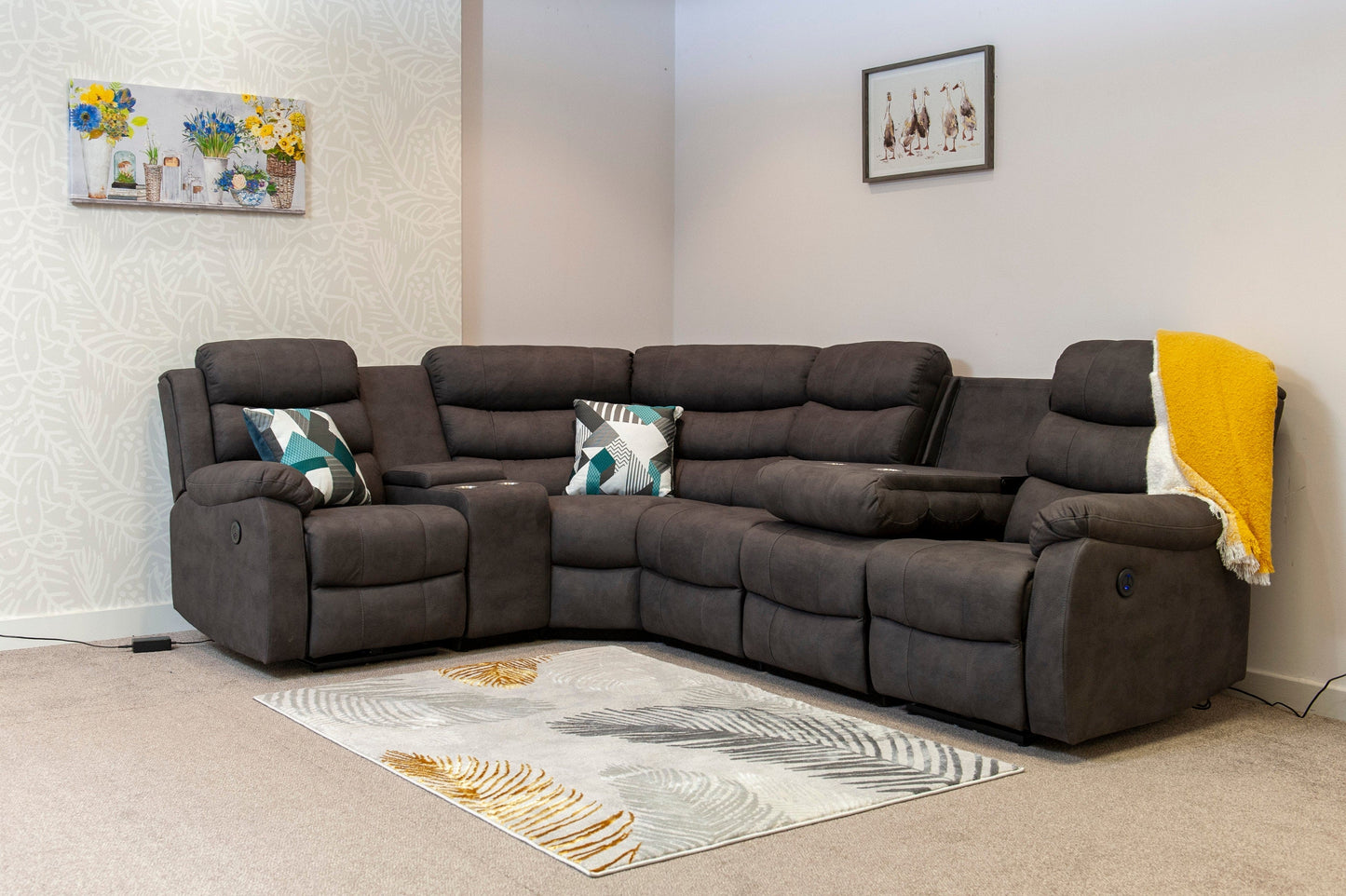"Willow" Dark Grey Easy Clean Fabric ELECTRIC Recliner Modular Corner Sofa USB Ports | Drinks Tray Table | Couch |