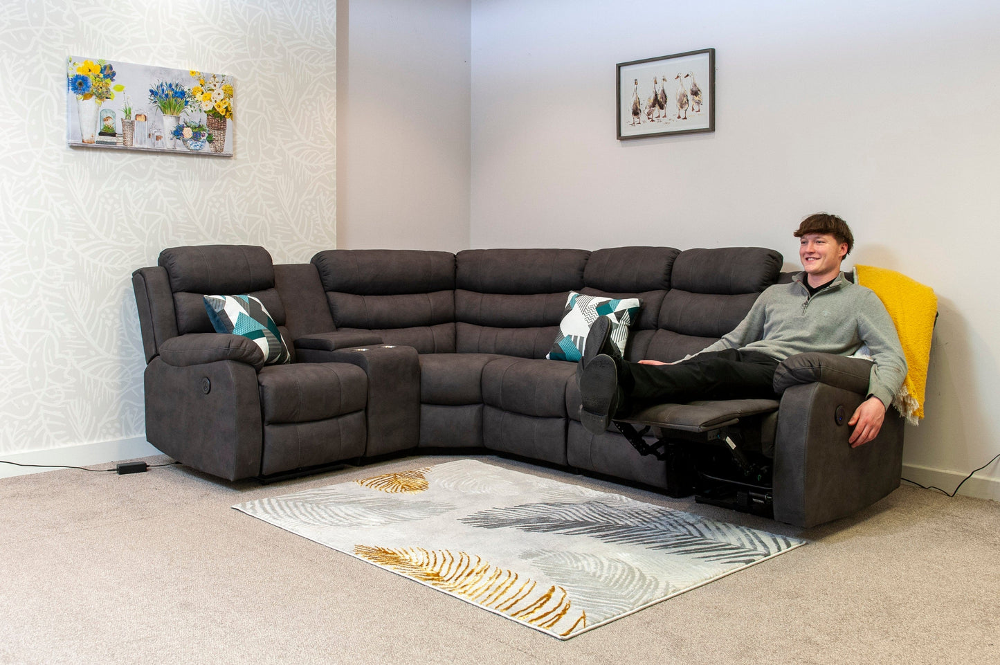 "Willow" Dark Grey Easy Clean Fabric ELECTRIC Recliner Modular Corner Sofa USB Ports | Drinks Tray Table | Couch |