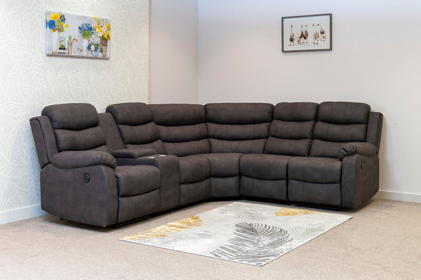 "Willow" Dark Grey Easy Clean Fabric ELECTRIC Recliner Modular Corner Sofa USB Ports | Drinks Tray Table | Couch |