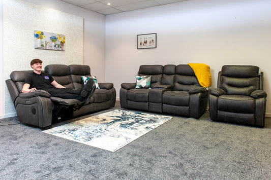 Cinema Sofas | Drinks Coolers | Wireless Charging | Bluetooth Speakers | Power Adjustable Headrests | Express Smart Tech Grey Fabric Power Recliner 3 + 2 Seater Bundle Sofa Set | Couch |