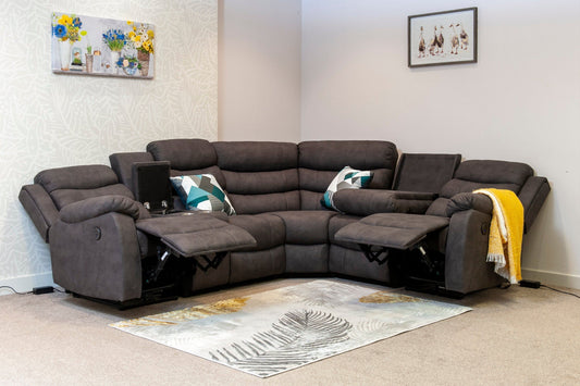 "Willow" Dark Grey Easy Clean Fabric ELECTRIC Recliner Modular Corner Sofa USB Ports | Drinks Tray Table | Couch |