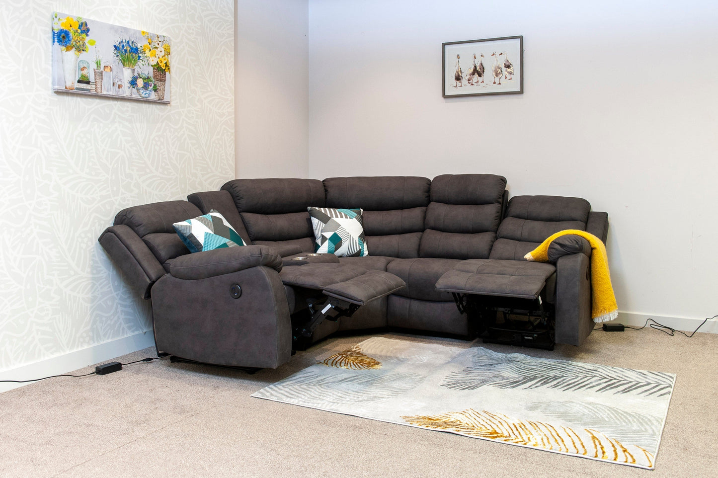 "Willow" Dark Grey Easy Clean Fabric ELECTRIC Recliner Modular Corner Sofa USB Ports | Drinks Tray Table | Couch |