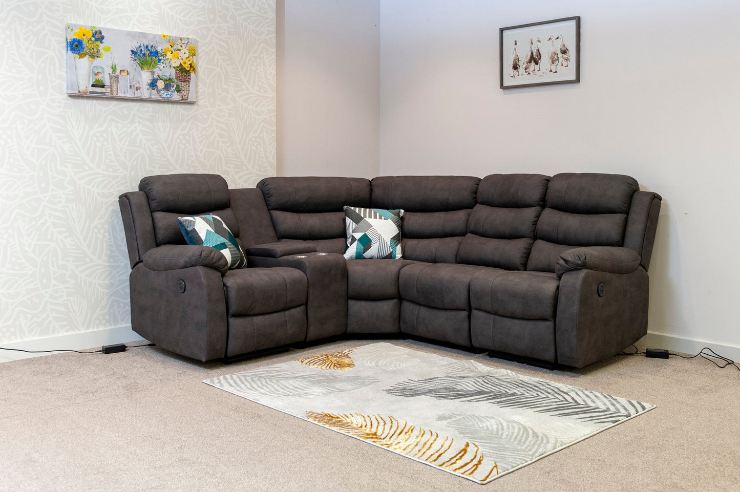 "Willow" Dark Grey Easy Clean Fabric ELECTRIC Recliner Modular Corner Sofa USB Ports | Drinks Tray Table | Couch |