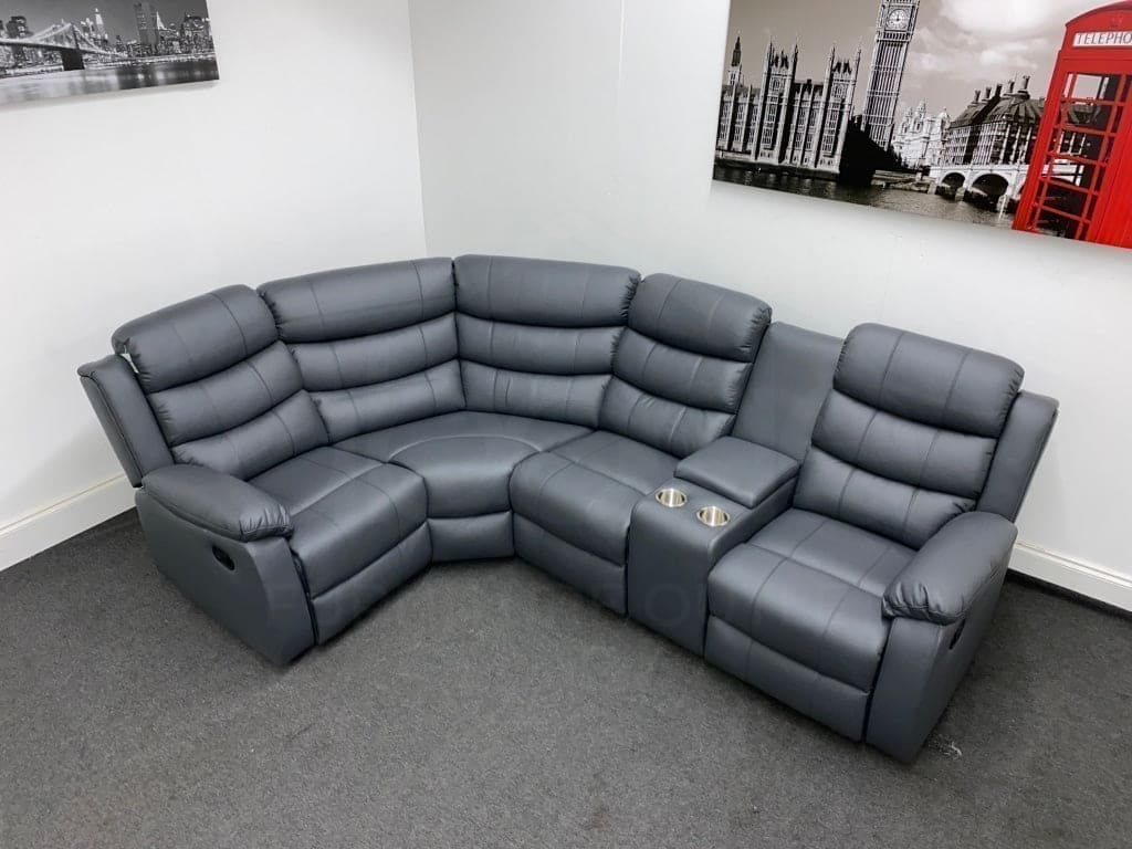 Landos Lhf Modular Recliner 4 Seat Grey Leather Corner Sofa With Drinks Console Sofas