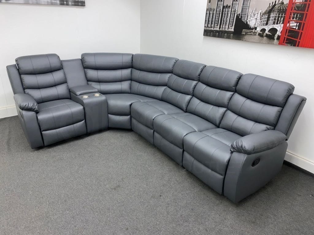 Landos Lhf Modular Recliner 5 Seat Grey Leather Corner Sofa With Drinks Console Sofas