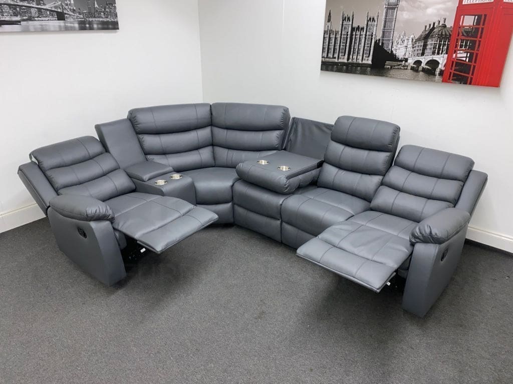 Landos Lhf Modular Recliner 5 Seat Grey Leather Corner Sofa With Drinks Console Sofas