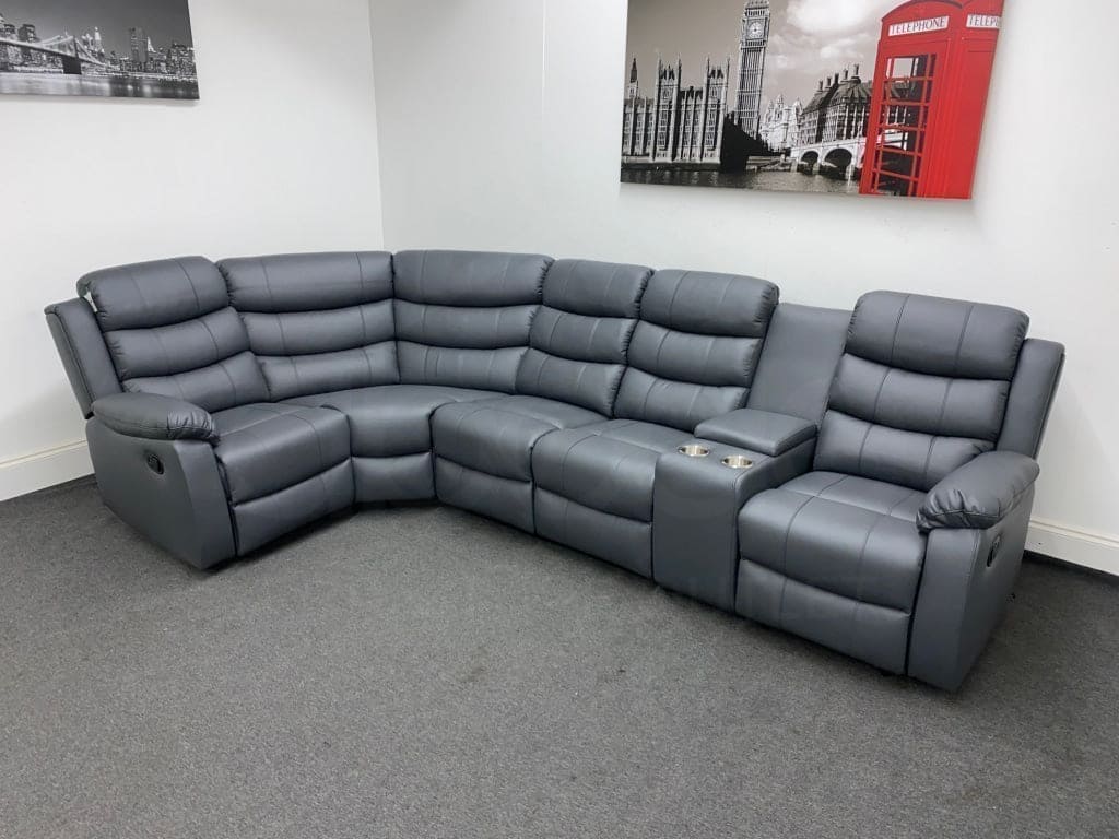 Landos Lhf Modular Recliner 5 Seat Grey Leather Corner Sofa With Drinks Console Sofas