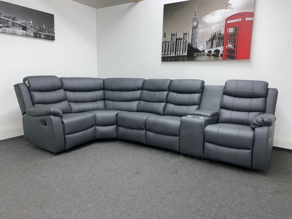 Landos Lhf Modular Recliner 5 Seat Grey Leather Corner Sofa With Drinks Console Sofas