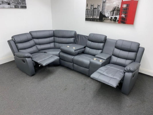 Landos Lhf Modular Recliner 5 Seat Grey Leather Corner Sofa With Drinks Console Sofas