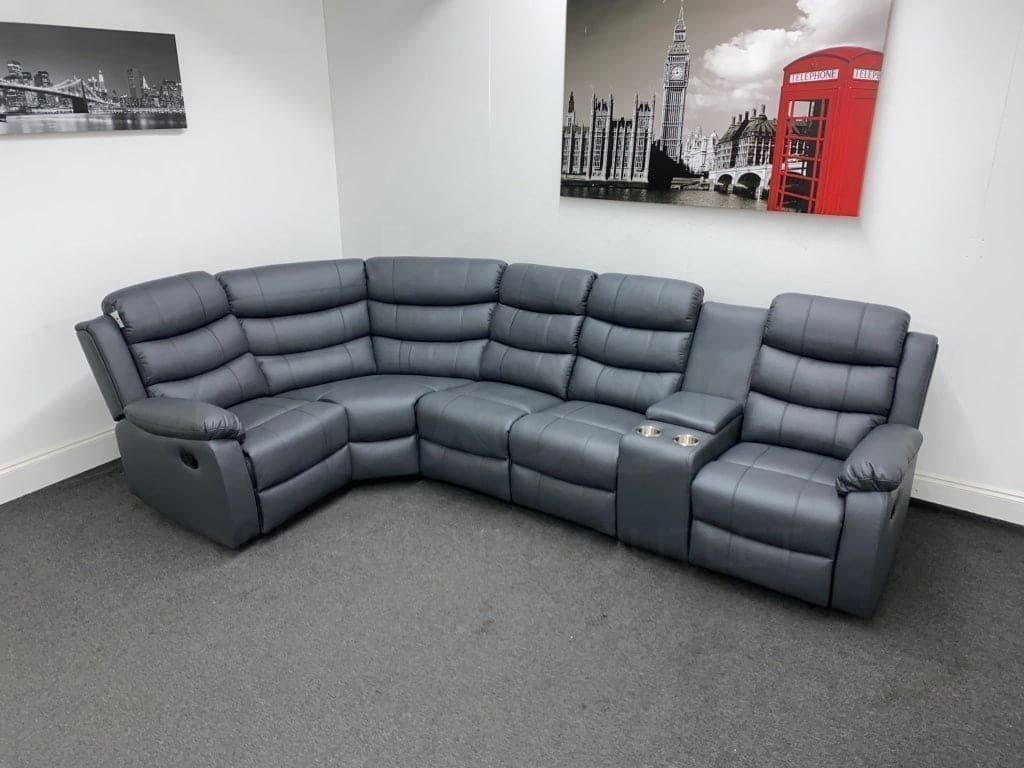 Landos Lhf Modular Recliner 5 Seat Grey Leather Corner Sofa With Drinks Console Sofas