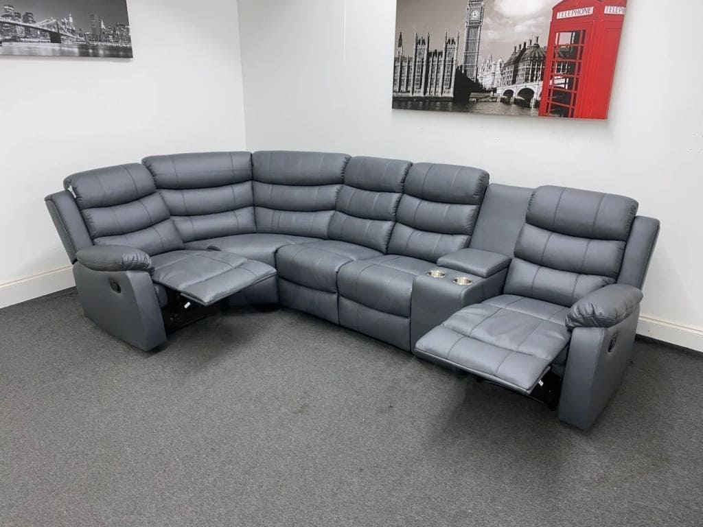 Landos Lhf Modular Recliner 5 Seat Grey Leather Corner Sofa With Drinks Console Sofas