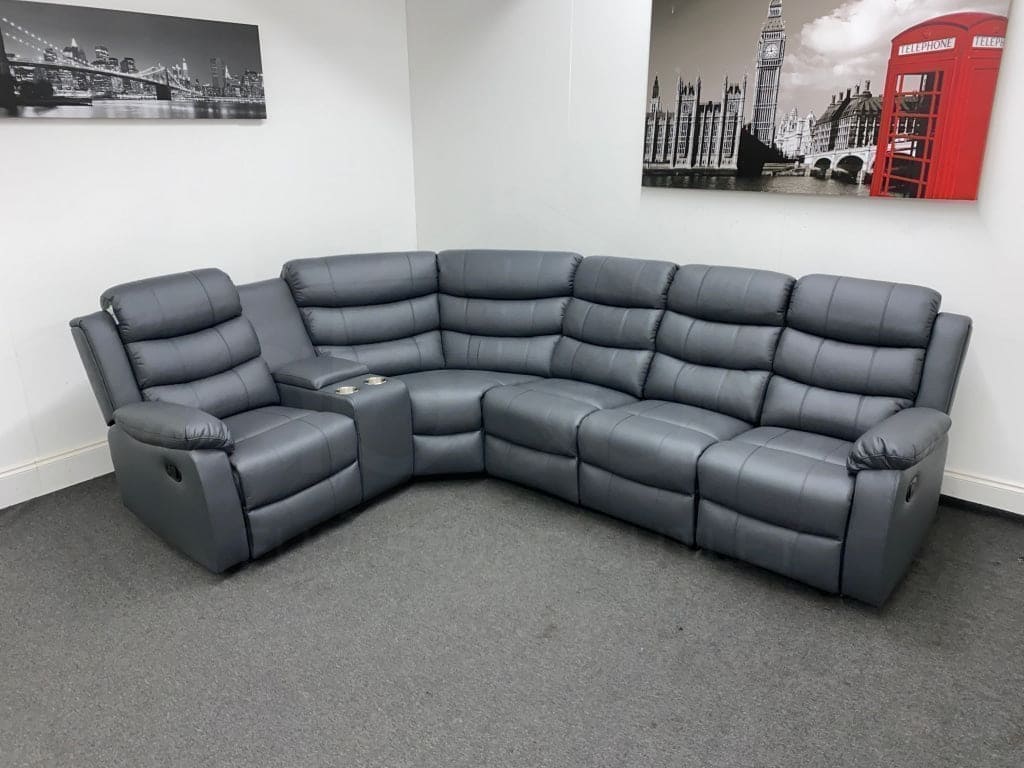 Landos Lhf Modular Recliner 5 Seat Grey Leather Corner Sofa With Drinks Console Sofas