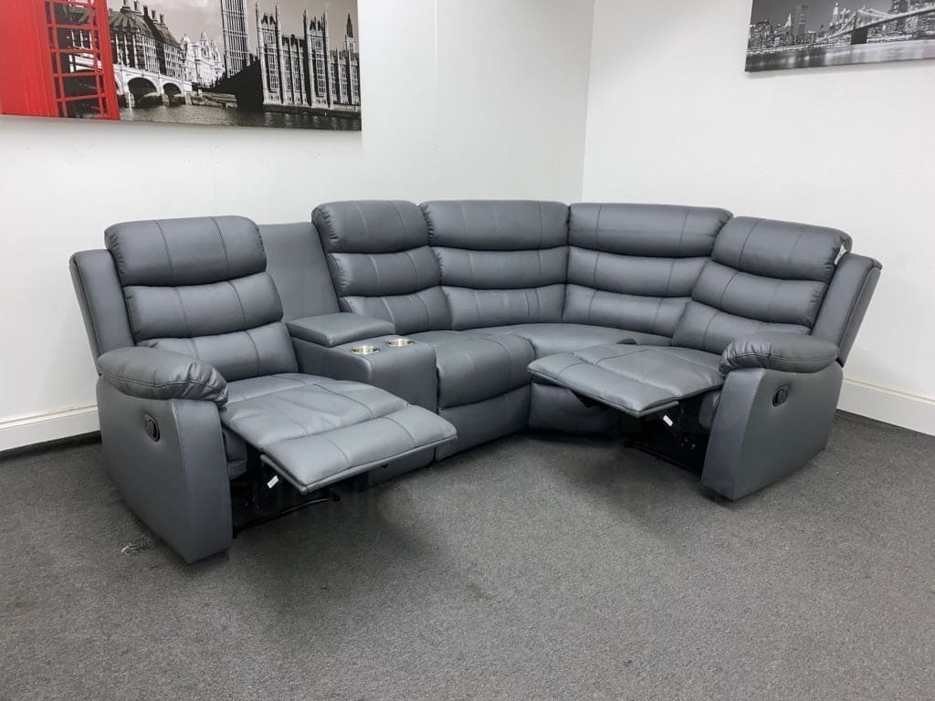 Landos Rhf Modular Recliner 4 Seat Grey Leather Corner Sofa With Drinks Console Sofas