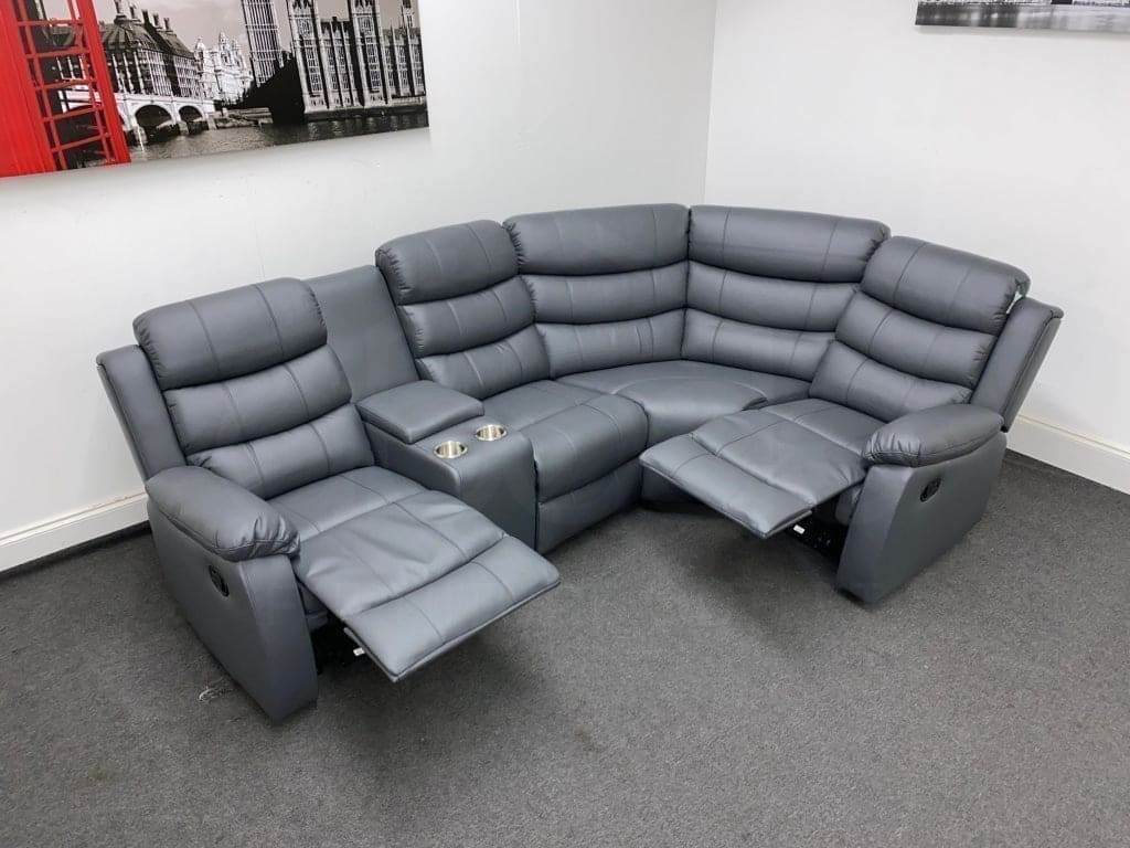 Landos Rhf Modular Recliner 4 Seat Grey Leather Corner Sofa With Drinks Console Sofas