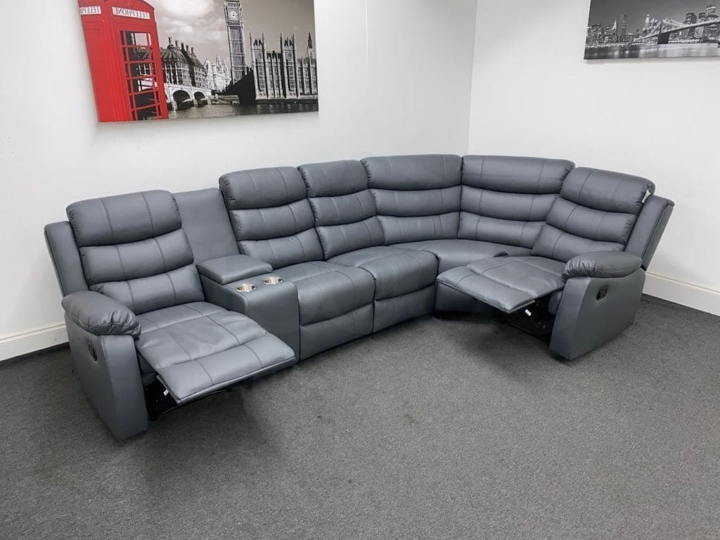 Landos Rhf Modular Recliner 5 Seat Grey Leather Corner Sofa With Drinks Console Sofas