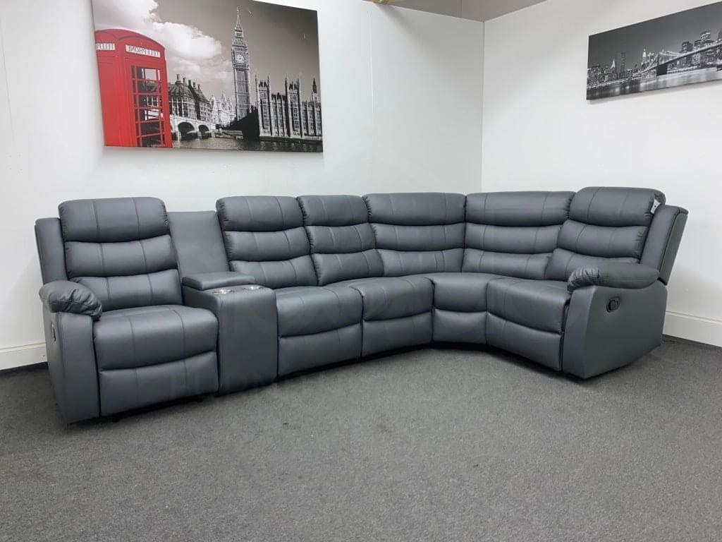 Landos Rhf Modular Recliner 5 Seat Grey Leather Corner Sofa With Drinks Console Sofas
