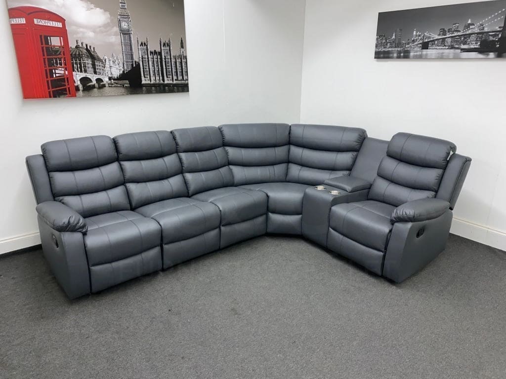 Landos Rhf Modular Recliner 5 Seat Grey Leather Corner Sofa With Drinks Console Sofas