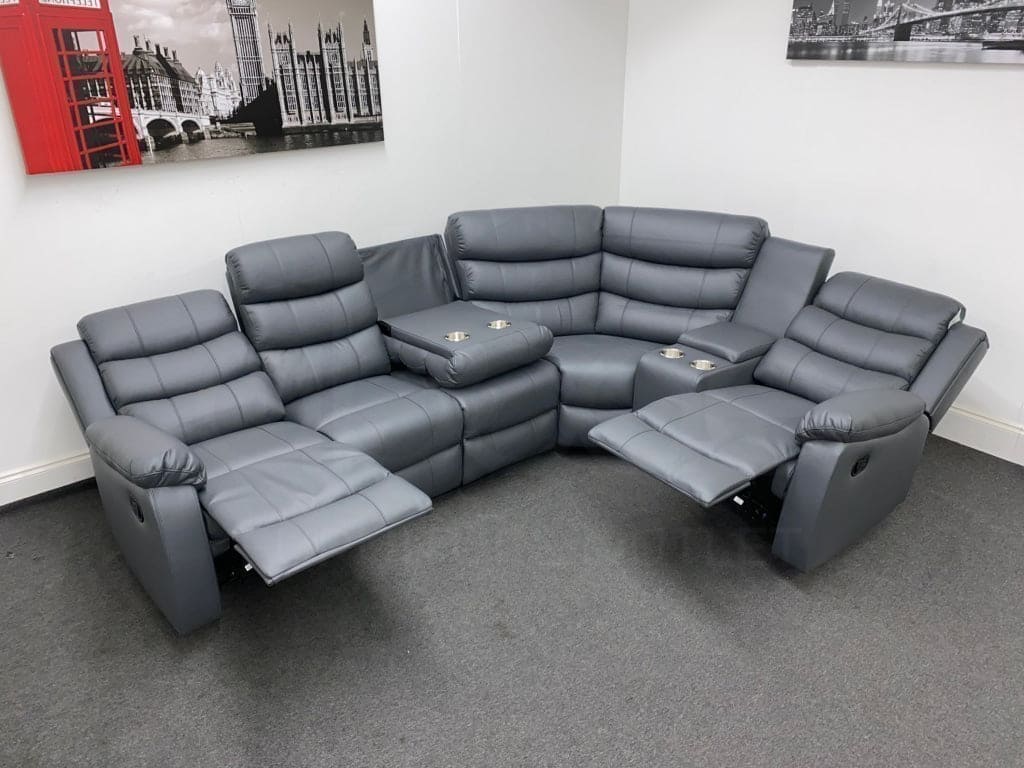Landos Rhf Modular Recliner 5 Seat Grey Leather Corner Sofa With Drinks Console Sofas