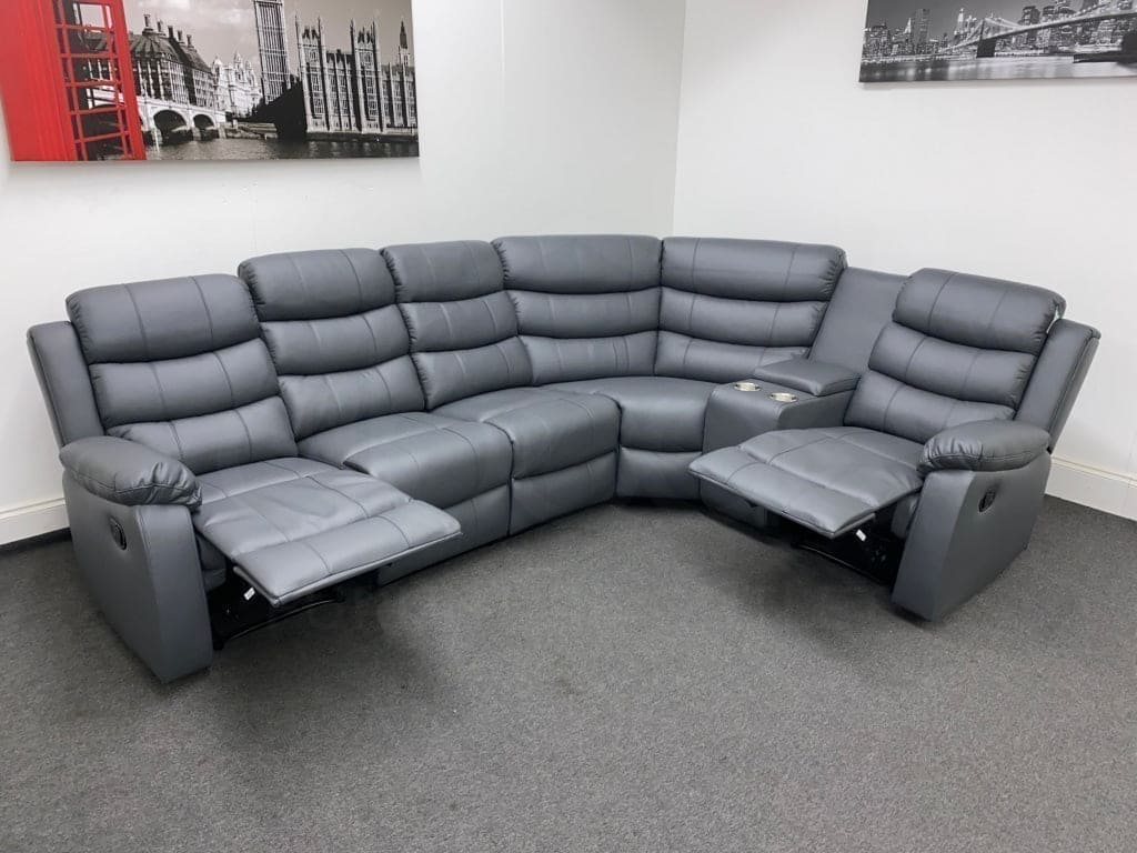Landos Rhf Modular Recliner 5 Seat Grey Leather Corner Sofa With Drinks Console Sofas
