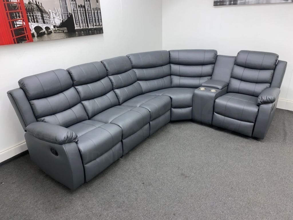Landos Rhf Modular Recliner 5 Seat Grey Leather Corner Sofa With Drinks Console Sofas