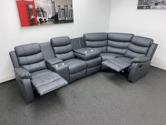 Landos Rhf Modular Recliner 5 Seat Grey Leather Corner Sofa With Drinks Console Sofas
